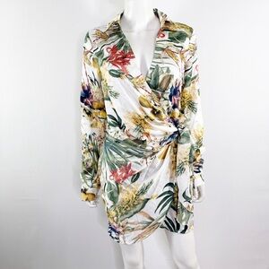 Donnee Par Dieu White Floral Tropical Wrap Mini Dress Size S Long Sleeve Collar